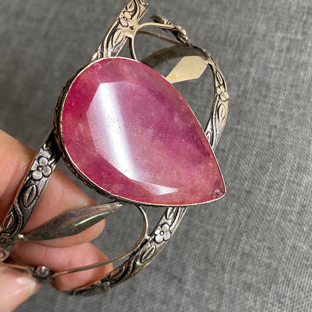 Statement Silver Tone Cuff Bracelet with Large Pink Stone – Artisan Style (L)
